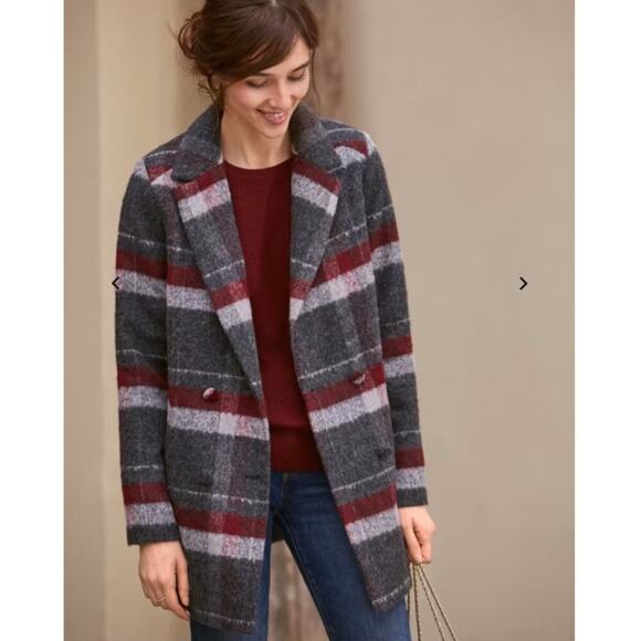 Sezane Octave Coat In Burgundy Gray Tiles Size 8 Plaid Double Breasted Jacket - Picture 1 of 11